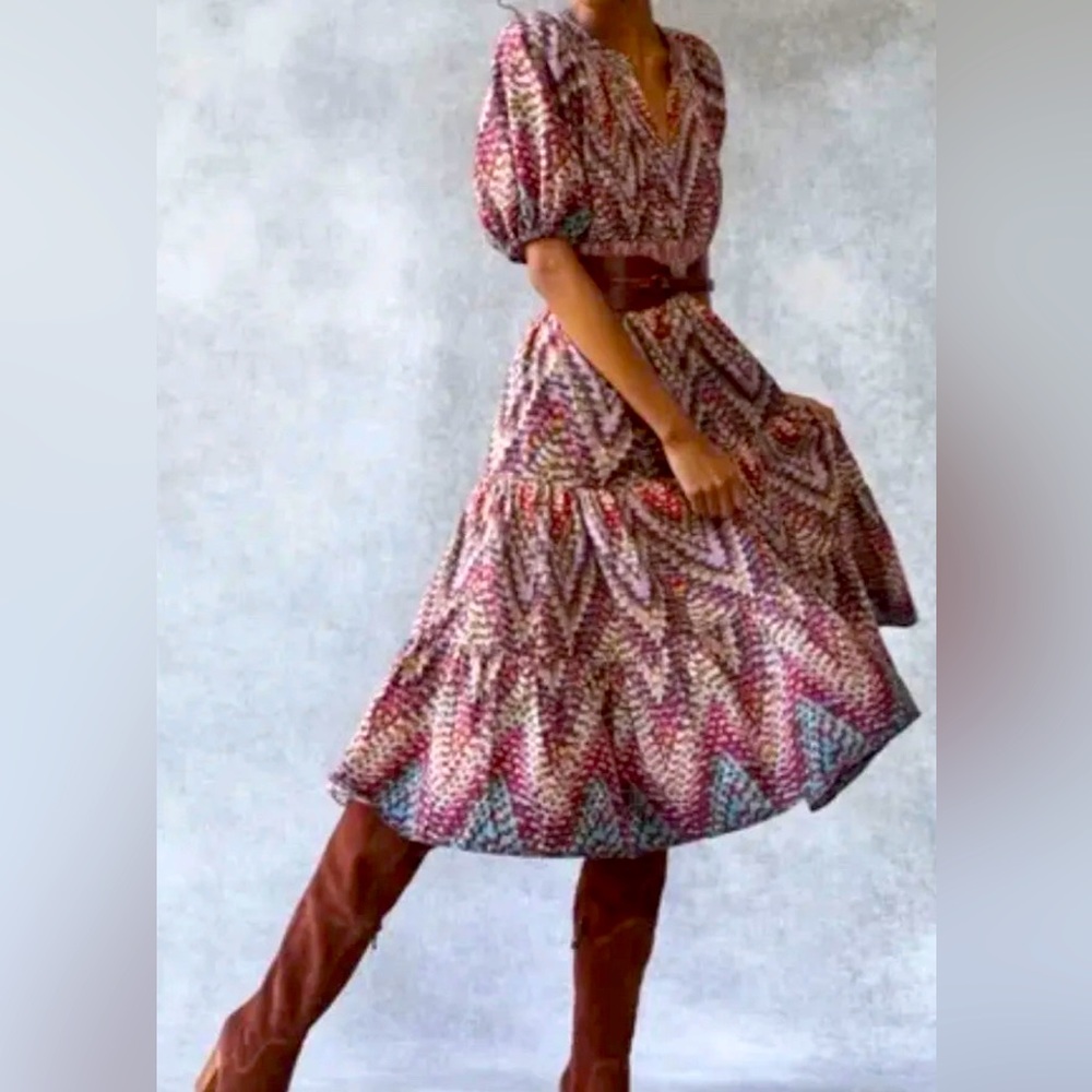 Anthropologie Chevron Print Midi Dress in Pink and Brown